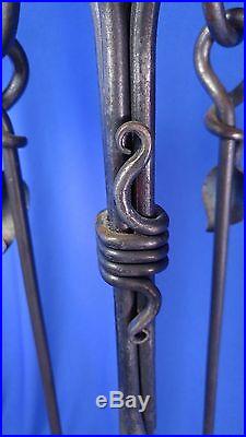 Vtg FIREPLACE 4 PC TOOL SET FORGED WROUGHT IRON STAND ARTS CRAFTS NOUVEAU LEAF