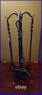 Vtg. Fireplace Forged Tool Set 4 Tools & Stand Heavy Duty