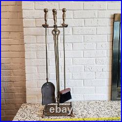 Vtg Gold Brass Fireplace Tool Set 5 Piece Stand Fire Poker Shovel Broom MCM