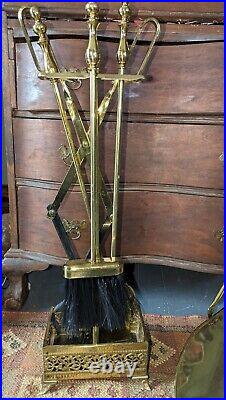 Vtg Gold Solid Brass Fireplace Tool Set 5 Piece Stand Fire Poker Shovel Broom