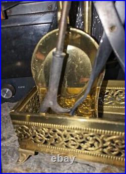 Vtg Gold Solid Brass Fireplace Tool Set 5 Piece Stand Fire Poker Shovel Broom
