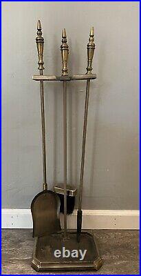 Vtg MCM Brass Fireplace 4 Piece tool set shoval broom Poker and stand