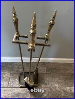 Vtg MCM Brass Fireplace 4 Piece tool set shoval broom Poker and stand