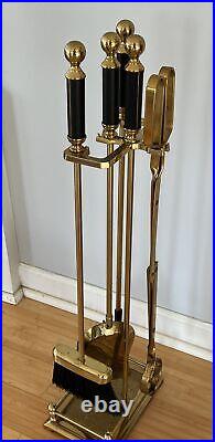 Vtg MCM Elegant Shiny Brass Black Handles Fireplace Tools 4 Piece Set + Stand