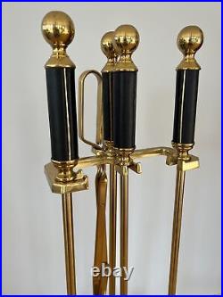 Vtg MCM Elegant Shiny Brass Black Handles Fireplace Tools 4 Piece Set + Stand