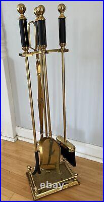 Vtg MCM Elegant Shiny Brass Black Handles Fireplace Tools 4 Piece Set + Stand