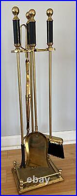 Vtg MCM Elegant Shiny Brass Black Handles Fireplace Tools 4 Piece Set + Stand