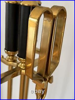 Vtg MCM Elegant Shiny Brass Black Handles Fireplace Tools 4 Piece Set + Stand