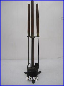 Vtg MCM Seymour Fireplace Poker Shovel Brush 3 Tool Set Stand Walnut Wood Brass