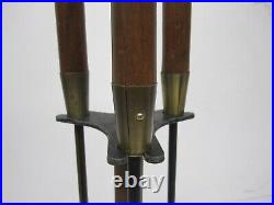 Vtg MCM Seymour Fireplace Poker Shovel Brush 3 Tool Set Stand Walnut Wood Brass