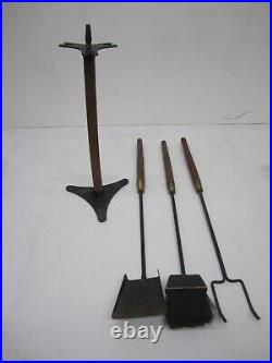 Vtg MCM Seymour Fireplace Poker Shovel Brush 3 Tool Set Stand Walnut Wood Brass