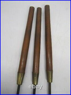 Vtg MCM Seymour Fireplace Poker Shovel Brush 3 Tool Set Stand Walnut Wood Brass
