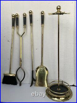 Vtg Marble & Polished Brass 5 Piece Fireplace Accessories Tool Set GOLD Shiny