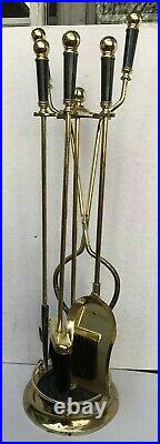 Vtg Marble & Polished Brass 5 Piece Fireplace Accessories Tool Set GOLD Shiny