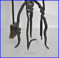Vtg Mid Century Art Nouveau Tree Vine Bronze Wrought Iron Fireplace Tools Set