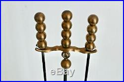 Vtg Mid Century Asian Modern Wrought Iron Brass Ball Fireplace Tools Set Deskey