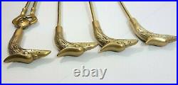 Vtg Mid-Century Gold Brass Eagle Heads Fireplace Tool Set 5 Pieces Tools Stand