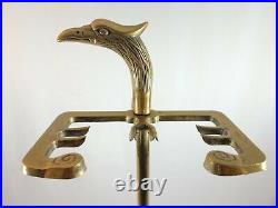 Vtg Mid-Century Gold Brass Eagle Heads Fireplace Tool Set 5 Pieces Tools Stand