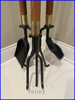 Vtg Mid-Century Modern Long Wood Handle Fireplace Tool Set