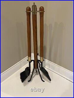 Vtg Mid-Century Modern Long Wood Handle Fireplace Tool Set