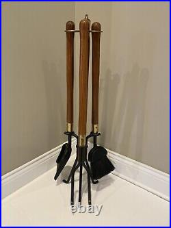 Vtg Mid-Century Modern Long Wood Handle Fireplace Tool Set