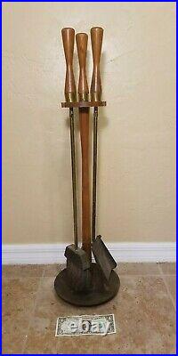 Vtg Mid Century Modern Wooden Handle & Iron 3 Pcs Fireplace Tools Set with Stand
