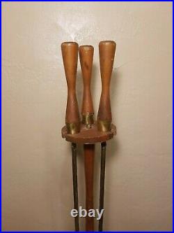 Vtg Mid Century Modern Wooden Handle & Iron 3 Pcs Fireplace Tools Set with Stand