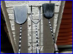 Vtg Mid Century Turned Wooden Handle 3Pc Fireplace Tool Set Ebony Stain with Stand