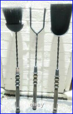 Vtg Mid Century Turned Wooden Handle 3Pc Fireplace Tool Set Ebony Stain with Stand