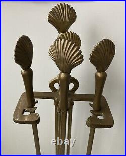 Vtg Nautical Fireplace Tool Set Solid Brass Seashell Clam Shell Marine Patina