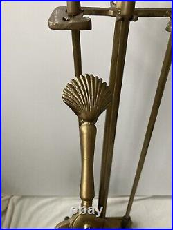 Vtg Nautical Fireplace Tool Set Solid Brass Seashell Clam Shell Marine Patina