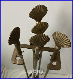 Vtg Nautical Fireplace Tool Set Solid Brass Seashell Clam Shell Marine Patina