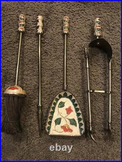 Vtg Turkish Persian Enamel Brass 4 Piece Fireplace set small w stand old tools