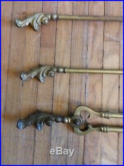 Vtg Victorian French KNICK 104 Ornate Brass Fireplace Set Fender Andirons Tools