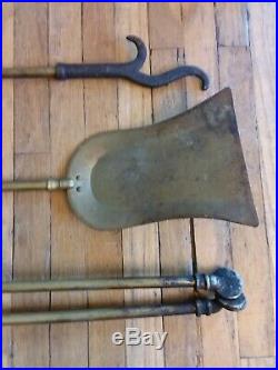 Vtg Victorian French KNICK 104 Ornate Brass Fireplace Set Fender Andirons Tools