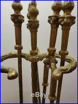 Vtg Victorian Ornate Brass Fireplace Set Tools 5 pieces