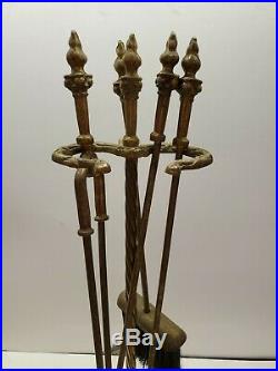 Vtg Victorian Ornate Brass Fireplace Set Tools 5 pieces