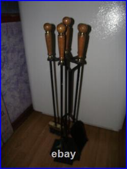 Vtg Wood Handles 5-piece Brass Fireplace Tool Set Stand Heavy Duty & Good Cond