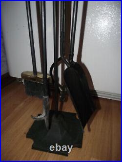 Vtg Wood Handles 5-piece Brass Fireplace Tool Set Stand Heavy Duty & Good Cond