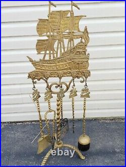 Vtg nautical fireplace brass tools Sailing ship motif large set