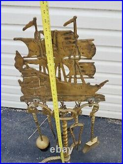 Vtg nautical fireplace brass tools Sailing ship motif large set