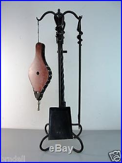 WROUGHT IRON BLACK FANCY TWISTED FIREPLACE STAND POKER TOOL FIRE SET+BELLOWS OLD
