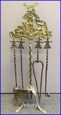 Windmill Fire Place Tools Antique Brass Dutch 1850, Cast Design