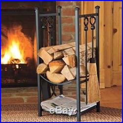 Wood Storage Fireplace Log Bin Tool Set 4 Tools Black Stand Tongs Poker Shovel