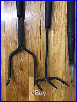 Wood & Wrougt Iron 4 Tool Fireplace Set 36 Tall Tools RARE UNUSUAL REDUCED