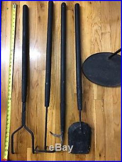 Wood & Wrougt Iron 4 Tool Fireplace Set 36 Tall Tools RARE UNUSUAL REDUCED