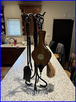 Wrought Iron 34 Tall Fireplace Tool Set With Bellows. New