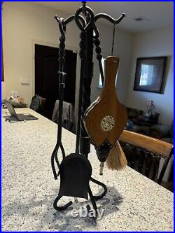 Wrought Iron 34 Tall Fireplace Tool Set With Bellows. New