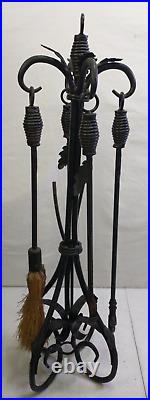 Wrought Iron Fireplace Tool Set 4 Piece + Stand Beautiful Leaf Detailing