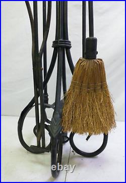Wrought Iron Fireplace Tool Set 4 Piece + Stand Beautiful Leaf Detailing